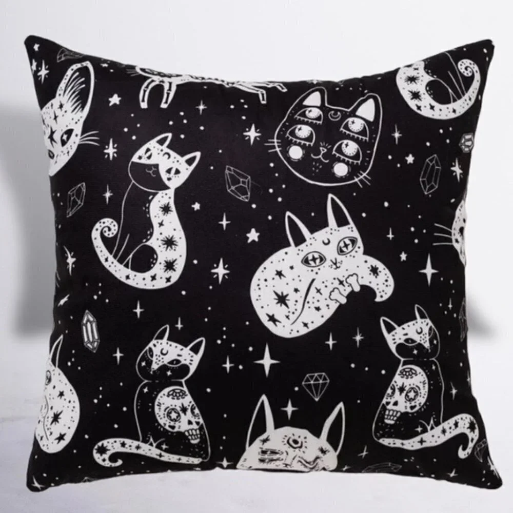 Pillow Cover Celestial Cat Moon Stars Black White Large Square 17.7 in